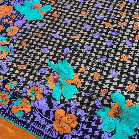 Vintage 80s 90s Square Silk Scarf Houndstooth Autumn Fall Leaves Rose Floral - Picture 3 of 14